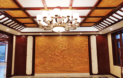 五河中式别墅客厅中式木作横梁吊顶装饰展示